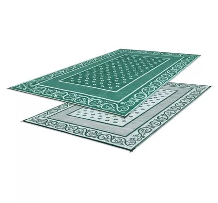 Green White Reversible RV Patio Mat Both Sides Shown - Angled View | United RV Parts