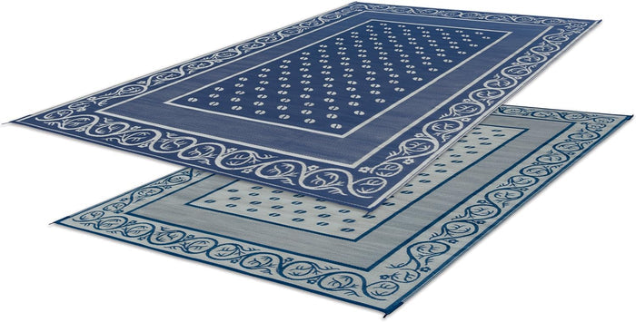 Blue White Faulkner Reversible RV Patio Mat - Angled View | United RV Parts