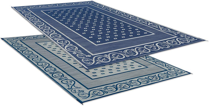 Faulkner Vineyard RV Patio Mat 48704 - Angled Both Sides View, Blue and White Pattern | United RV Parts