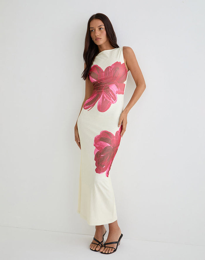 Image of Fayola Printed Maxi Dress in Cream with Red Watercolour Flower