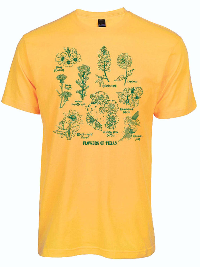 Yellow tshirt with graphic design of multiple wildflowers and text on the bottom reading "flowers of texas" all in a green ink.