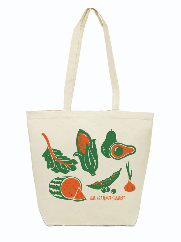 FM Green Veggies Tote Bag featuring colorful illustrations of vegetables with a Dallas Farmer's Market theme, perfect for a sassy shopping accessory. A great Texas themed gift and souvenir from Texas, reflecting local culture and style, ideal for anyone looking for Texas Made Gifts or unique Texan gifts.