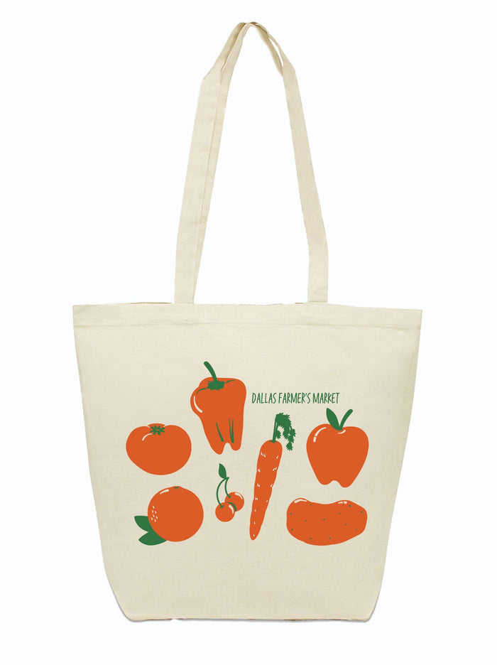 FM Red Veggies Tote Bag featuring colorful illustrations of vegetables, perfect for shopping at the grocery store or farmers market. A fun Texas themed gift, this tote is a fantastic Texas made gift for those who love unique souvenirs from Texas, making it a great Dallas souvenir and a must-have in any Texan gifts collection.
