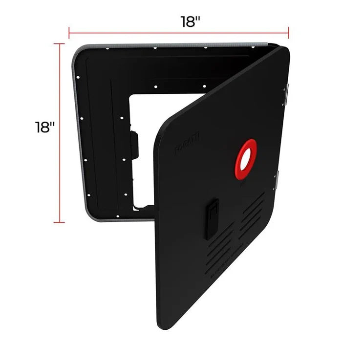 Black Steel Water Heater Door with Dimensions - Open Side View | United RV Parts