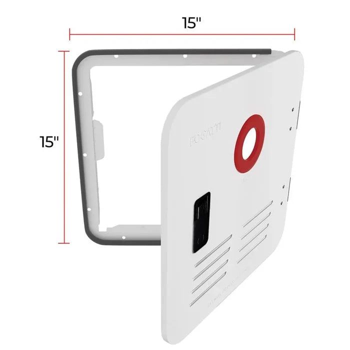 White Fogatti 15x15 RV Water Heater Door - Dimensional View with Frame | United RV Parts