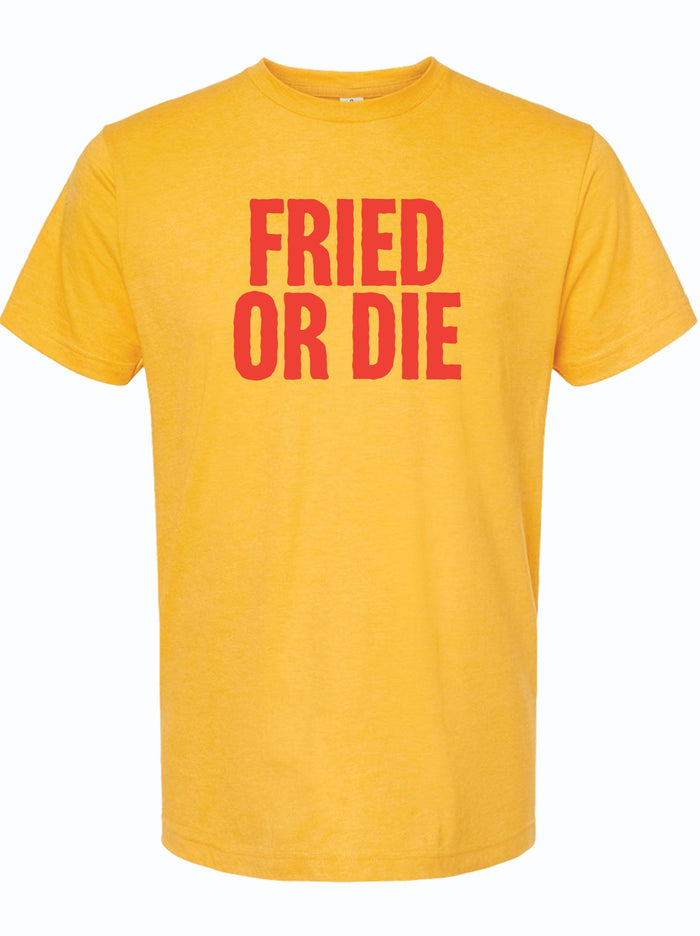 Fried or Die unisex fine jersey tee in vibrant yellow, perfect for expressing your love for Texas. This shirt is a fun Texas themed gift, ideal for anyone looking to celebrate their Texan roots. A great souvenir from Texas and an awesome addition to any Dallas souvenir collection.