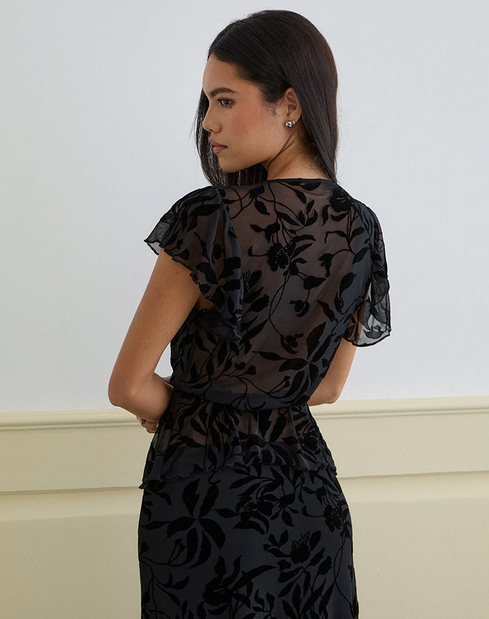 Image of Giuliana Wrap Top in Flock Leaf Flower Black