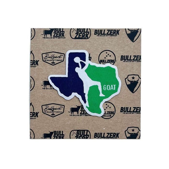 GOAT Patch featuring Texas silhouette with a basketball player design, perfect for enhancing your jean jacket. A great Texas themed gift, this Texas Made Gift is a unique souvenir from Texas, ideal for fans of Dallas souvenirs and Texan gifts.