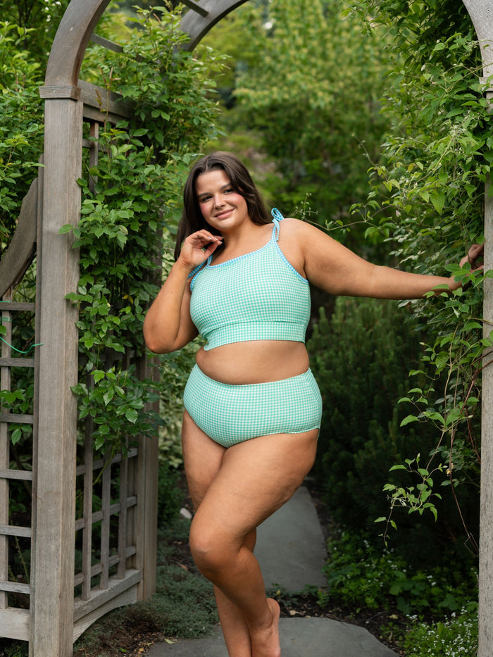 Green Seersucker Shoulder-Tie Crop Top