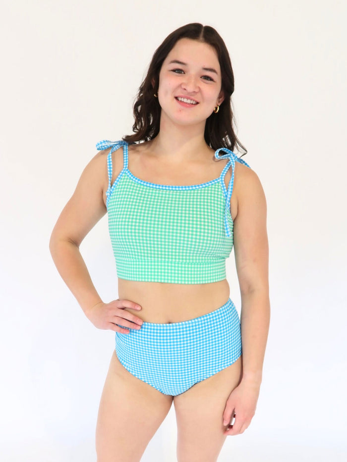 Green Seersucker Shoulder-Tie Crop Top
