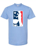 Light blue t-shirt with a graphic design featuring a chef and grill.