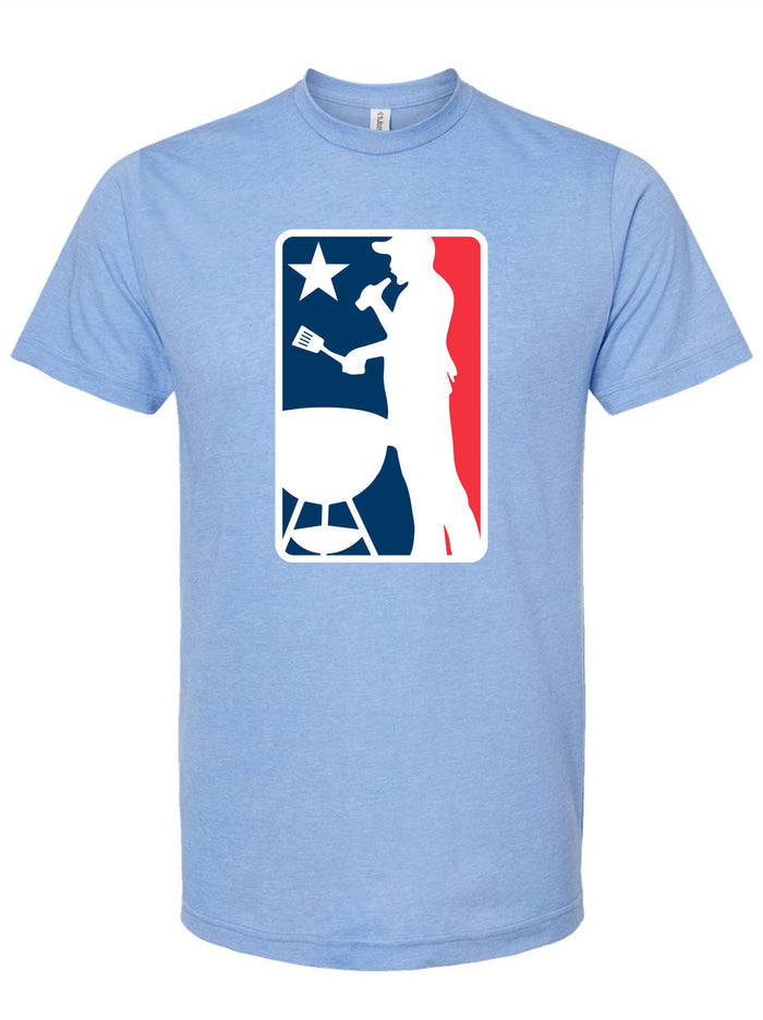 Light blue t-shirt with a graphic design featuring a chef and grill.