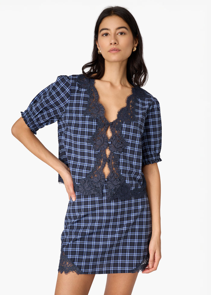Hearst Cotton Mini Skirt Navy Plaid