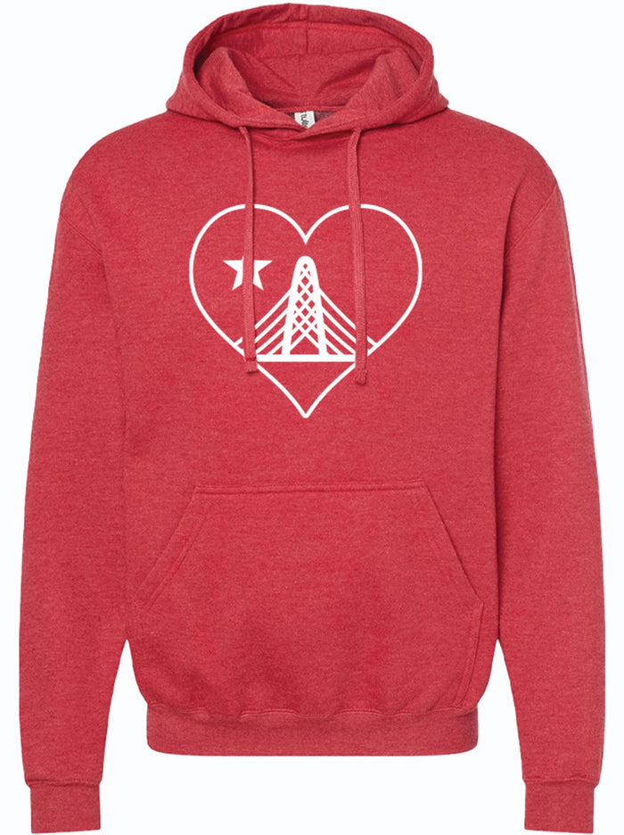 Heart Trinity Pullover Hoodie featuring a heart design with a bridge motif, perfect as a Texas themed gift. This unisex fleece hoodie is a great example of Texas made gifts and makes for an excellent souvenir from Texas, especially for anyone looking for a Dallas souvenir or Texan gifts.