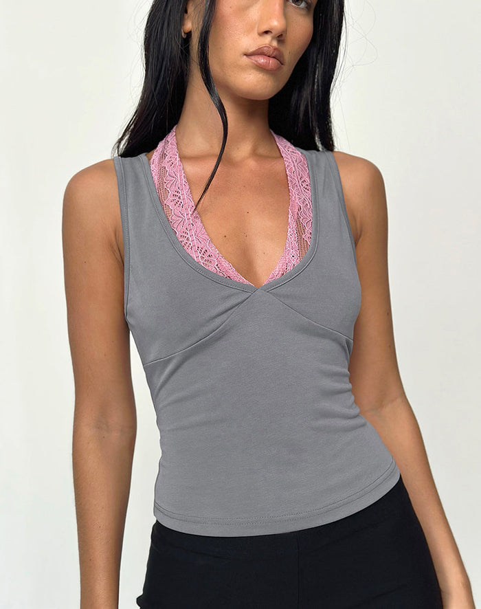 Image of Helma Halterneck Top in Grey with Pink Lace