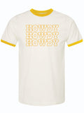 White t-shirt with yellow ringer design and 'HOWDY' text on a white background