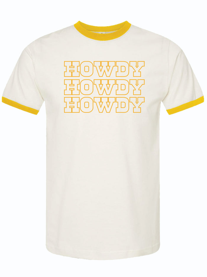 White t-shirt with yellow ringer design and 'HOWDY' text on a white background