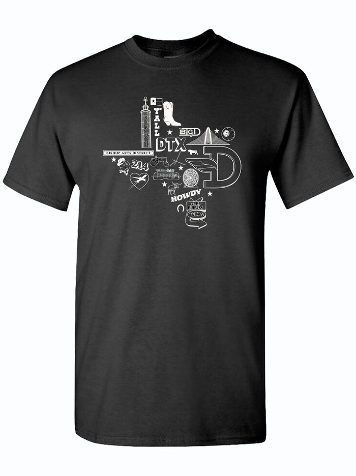 a black shirt with a graphic depicting various Dallas themed icons making up the silhouette of Texas in white ink.