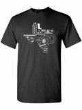 a black shirt with a graphic depicting various Dallas themed icons making up the silhouette of Texas in white ink.