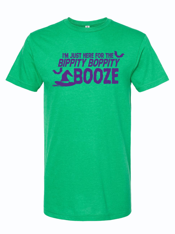 Green t-shirt featuring the phrase 'I'm Just Here for the Bippity Boppity Booze', perfect for Texas themed gift enthusiasts. Ideal as a Texas Made Gifts option, this shirt makes a great souvenir from Texas, especially for those looking for a dallas souvenir or unique texan gifts.
