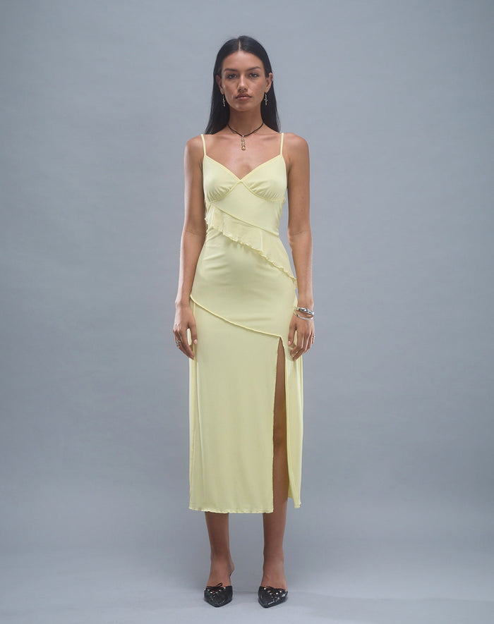 Image of Jacy Ruffle Midi Dress in Mesh Lemon