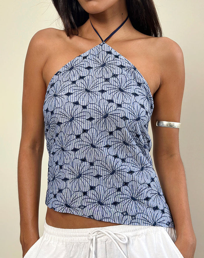 Image of Janisa Halterneck Top in Blue Striped Flowers