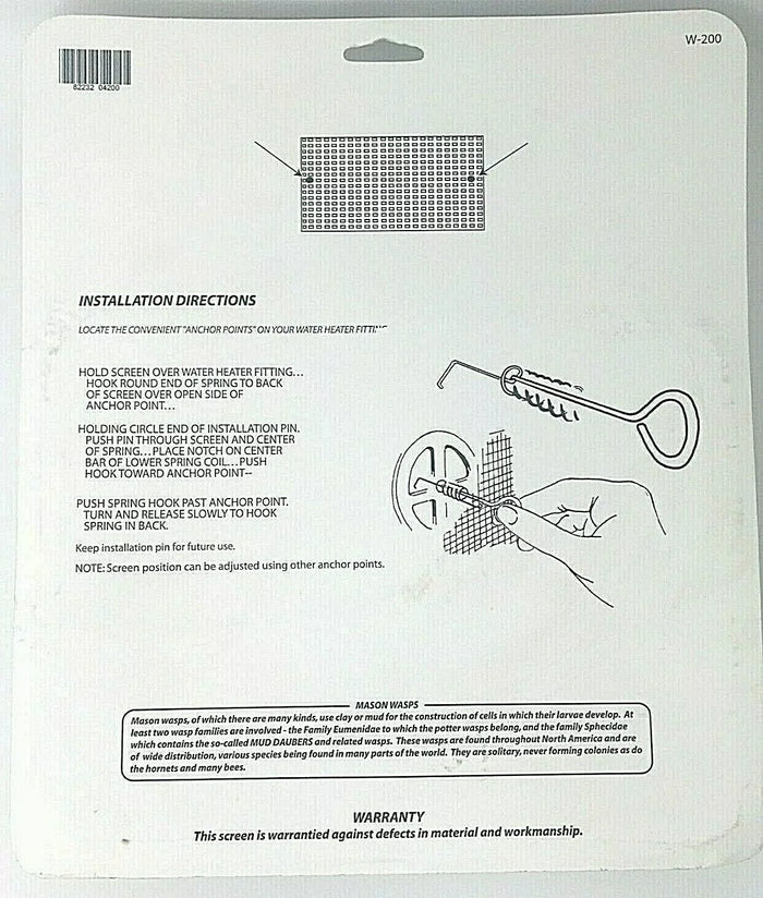JCJ Enterprises W-200 RV Water Heater Screen - Back of Package Installation Instructions | United RV Parts
