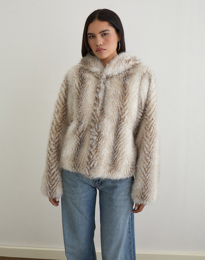 Image of Jemi Hooded Cropped Faux Fur Jacket in Cream