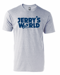 A light gray shirt that reads "Jerry's World" in navy ink with a football helmet as the letter O.
