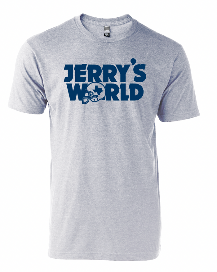 A light gray shirt that reads "Jerry's World" in navy ink with a football helmet as the letter O.