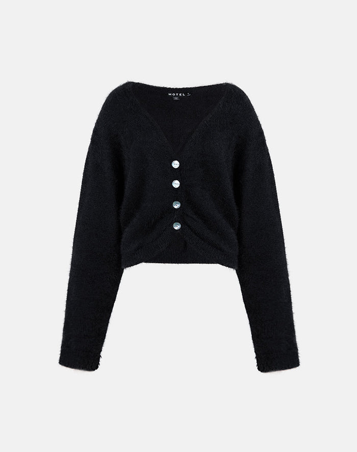 Image of Jiyo Gathered Cardigan in Knit Black