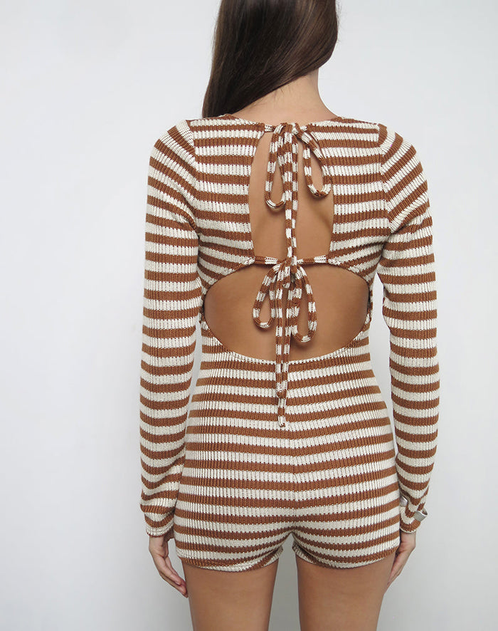 Image of Kaipo Tie Back Playsuit in Brown Ivory Stripe