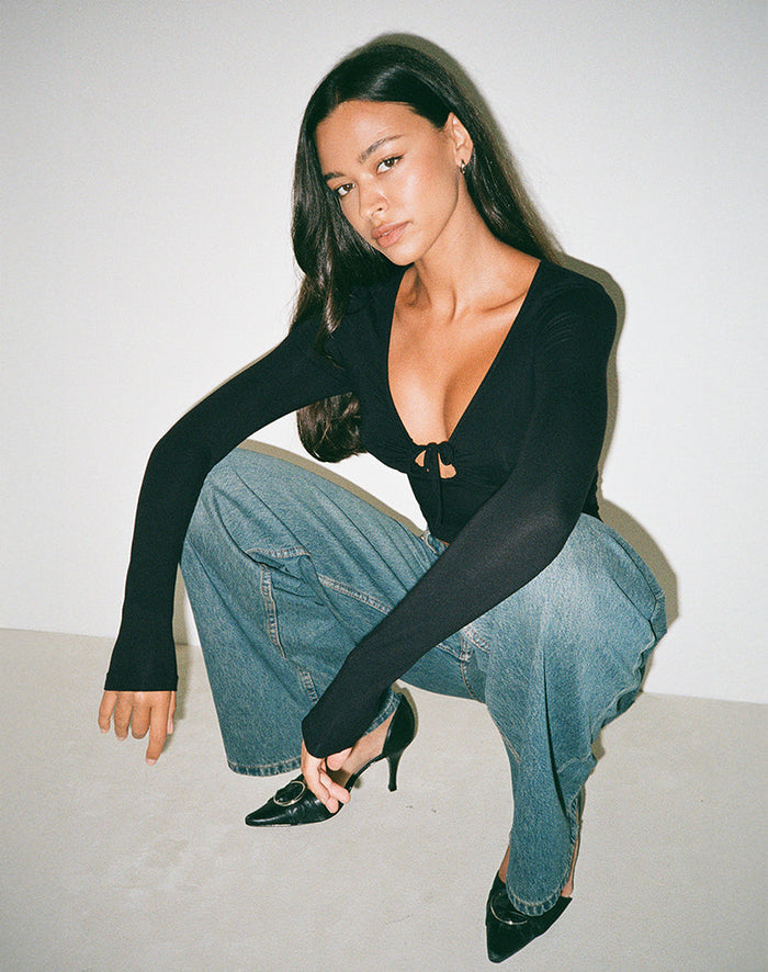 Image of Kamisu Long Sleeve Keyhole Top in Black