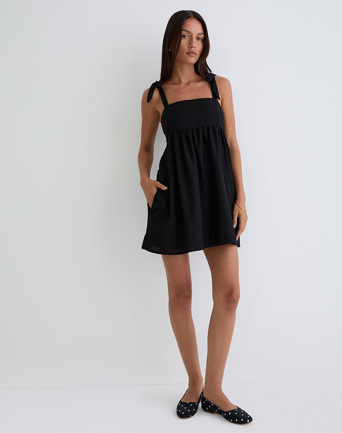 Image of Kayla Square Neck Mini Dress in Linen Black
