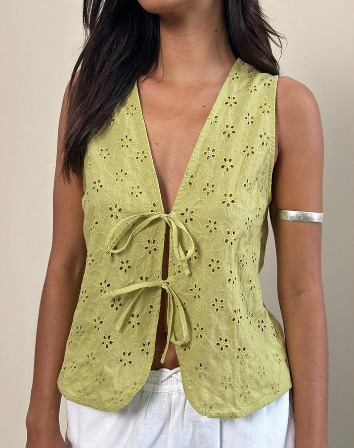Image of Kayve Tie-Front Top in Little Daisy Broderie Lime