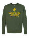 Keep Texas Beautiful Crewneck Sweater in dark green featuring vibrant yellow graphic design. A perfect Texas themed gift ideal for those who love unique Texas Made Gifts. This cozy sweater is a great souvenir from Texas, making it a standout choice for Dallas souvenirs and Texan gifts.