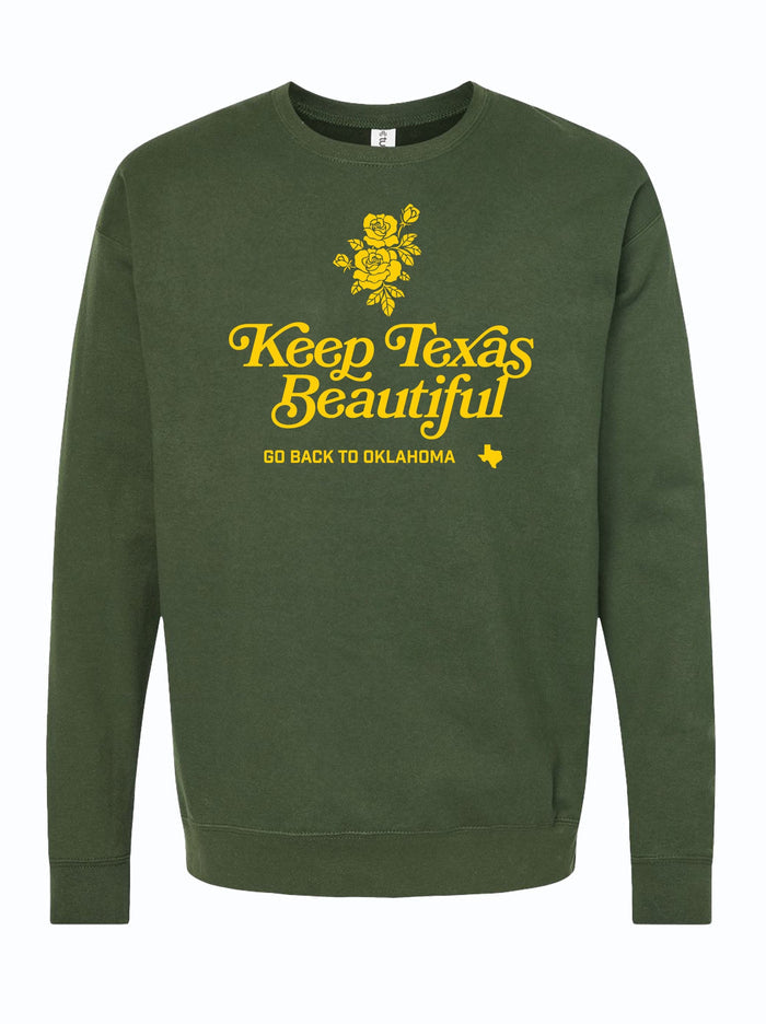 Keep Texas Beautiful Crewneck Sweater in dark green featuring vibrant yellow graphic design. A perfect Texas themed gift ideal for those who love unique Texas Made Gifts. This cozy sweater is a great souvenir from Texas, making it a standout choice for Dallas souvenirs and Texan gifts.