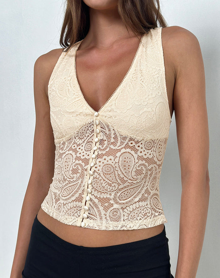 Image of Kefira Plunge Neck Top in Lace Cream