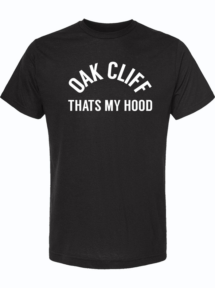 Black youth t-shirt with 'Oak Cliff That's My Hood' text, perfect for kids who love Texas pride. A great Texas themed gift, this shirt represents Dallas souvenirs and makes for unique Texan gifts.