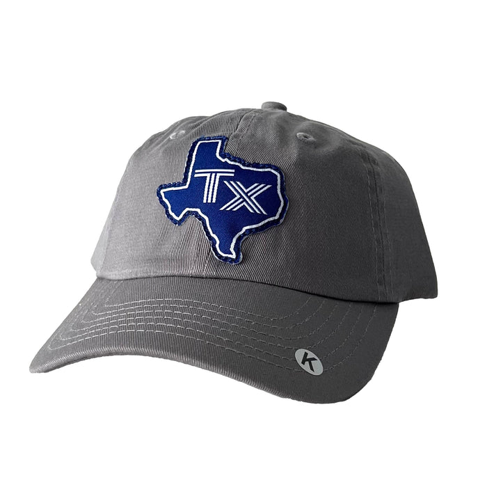 Kids Blue TX Silhouette Gray Cotton Hat featuring a stylish Texas silhouette patch, perfect as a Texas themed gift for youth. Ideal for Texas Made Gifts and souvenirs from Texas. A great Dallas souvenir or Texan gift for any occasion.