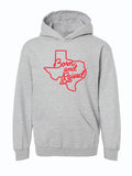 Kids Born and Raised Pullover Hoodie featuring a fun Texas outline design in red on a gray background. This cozy hoodie makes a great Texas themed gift and is perfect for those looking for Texas Made Gifts, souvenirs from Texas, or a dallas souvenir. It's a must-have for any young Texan!
