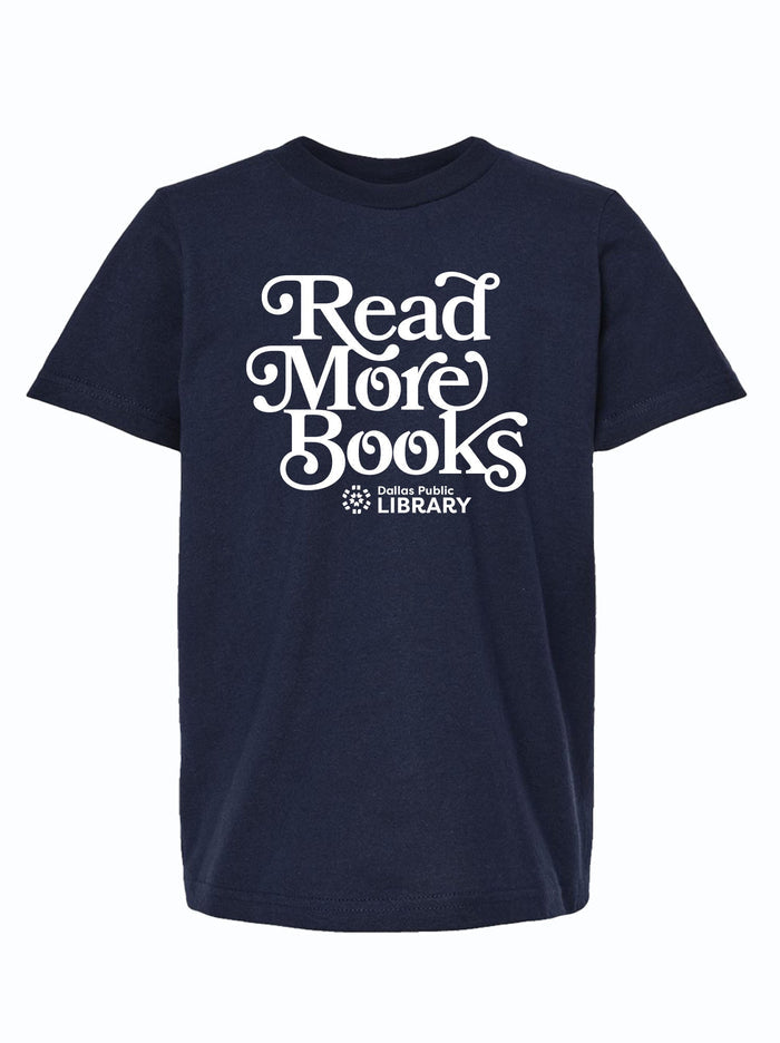 Kids - Read More Books t-shirt featuring a playful design supporting the Dallas Public Library. Perfect Texas themed gift for young book lovers and a great addition to any Texan gifts collection. Ideal souvenir from Texas, showcasing local pride.