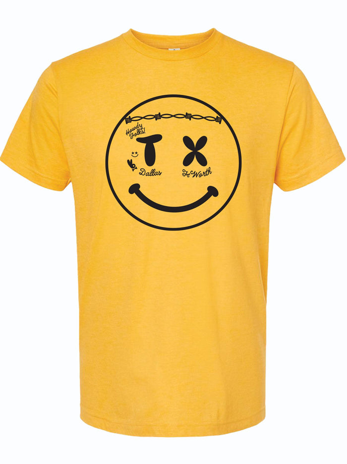 Kids' Smiley Face t-shirt featuring a vibrant yellow design with a fun smiley face graphic, perfect for young Texan kids. This Texas themed gift is a great choice for souvenirs from Texas and embodies the spirit of Dallas. Ideal as a Texas made gift for little ones, this tee is a must-have for any Texan family.