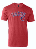 Kids Tacos shirt in red, featuring a Texas-inspired design, perfect as a Texas themed gift or Dallas souvenir. Made from a comfortable 65% polyester and 35% cotton blend, this tee represents Texas pride, making it an ideal Texan gift for kids.