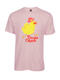 Kids Texas Chick t-shirt featuring a playful yellow chick with a pink hat, perfect for little ones. Ideal as a Texas themed gift, this youth fine jersey tee makes for a great Dallas souvenir or Texan gift.