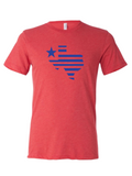 Kids Texas Silhouette T-shirt in vibrant red color featuring a blue striped Texas graphic, perfect as a Texas themed gift or Dallas souvenir. A stylish choice for Texan gifts, made from a poly-rich blend for comfort and durability.
