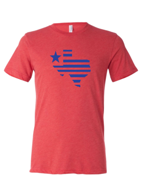 Kids Texas Silhouette T-shirt in vibrant red color featuring a blue striped Texas graphic, perfect as a Texas themed gift or Dallas souvenir. A stylish choice for Texan gifts, made from a poly-rich blend for comfort and durability.