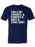 Kids' shirt featuring the phrase 'This is my Cowboys, Rangers, Mavs and Stars Shirt' in bold white text on a navy background. A perfect Texas themed gift, this shirt makes a great addition to any young sports fan's wardrobe. Ideal for those looking for Texas Made Gifts or souvenirs from Texas, especially for fans of Dallas teams. A thoughtful Texan gift for birthdays or special occasions.