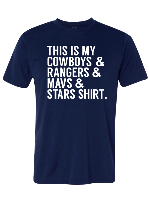 Kids' shirt featuring the phrase 'This is my Cowboys, Rangers, Mavs and Stars Shirt' in bold white text on a navy background. A perfect Texas themed gift, this shirt makes a great addition to any young sports fan's wardrobe. Ideal for those looking for Texas Made Gifts or souvenirs from Texas, especially for fans of Dallas teams. A thoughtful Texan gift for birthdays or special occasions.