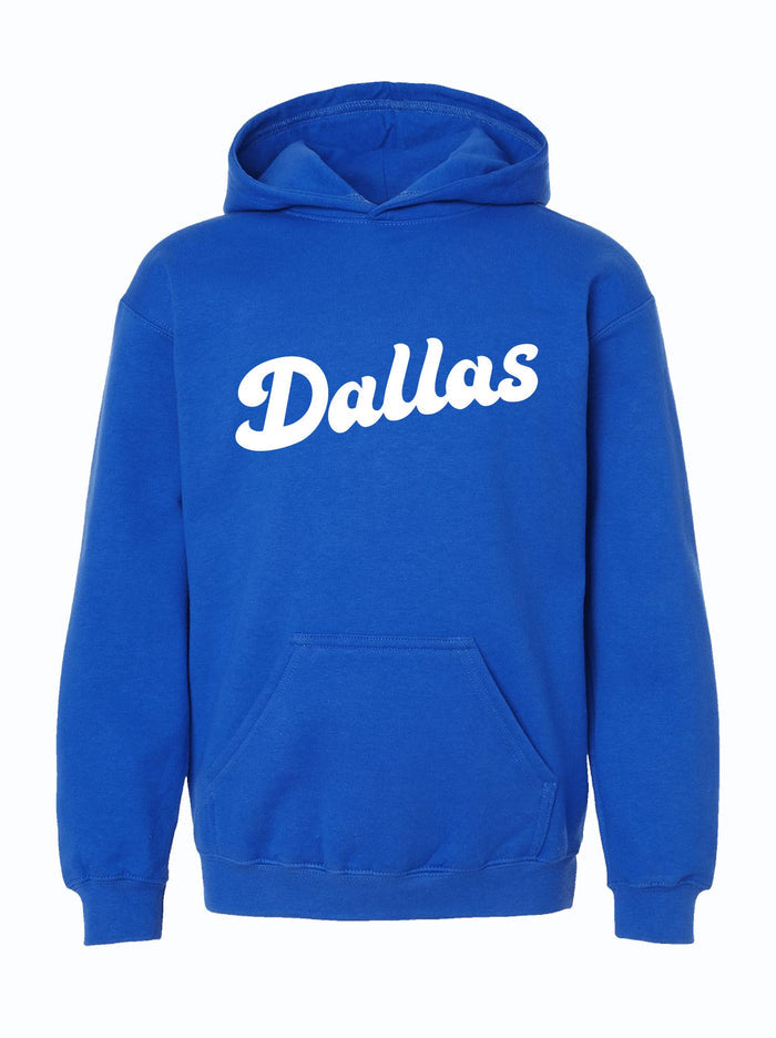 Kids Dallas Script Pullover Hoodie in vibrant blue, perfect for any child. This stylish hoodie is a great choice for kids who want to show their Texas pride. Ideal as a Texas themed gift, it makes for a wonderful Dallas souvenir and a unique addition to Texas Made Gifts. Great for keeping warm while adding a touch of Texan gifts to your child's wardrobe.